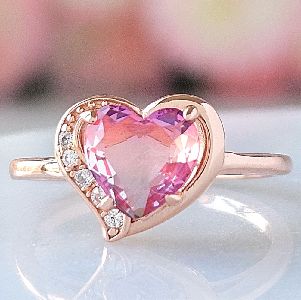 Heart pink and purple gemstone ring, 925 Sterling Silver, 18k Rose Gold